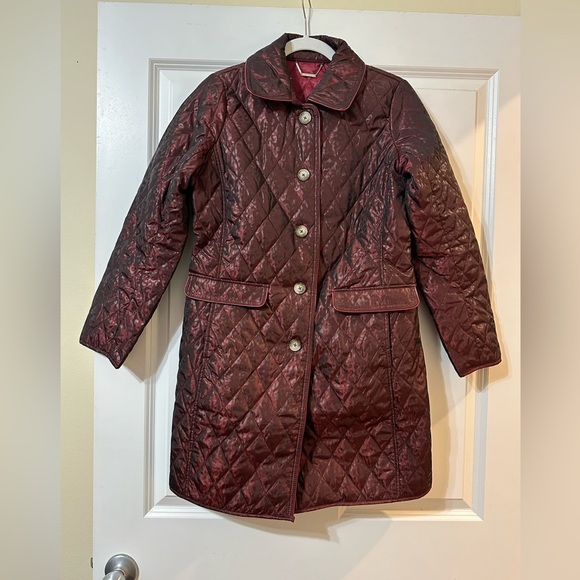 Chico’s Long Quilted Animal Print Coat in Deep Red, Size 0 (fits Size 4) - Picture 2 of 11